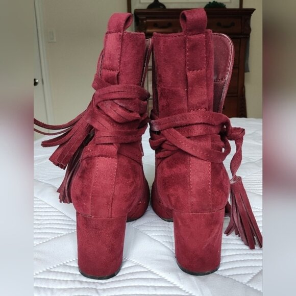 REFRESH Women's Faux Suede Almond Toe Tasseled Chunky Heeled Bootie Wine SZ 6 - Picture 4 of 11